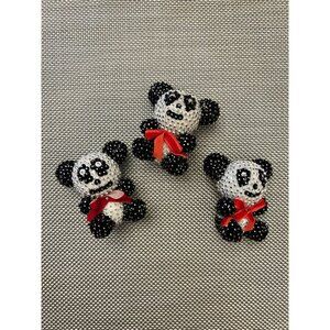 Beaded Hand Made Black White Panda Bear Figurines Ornaments Sequins Red Ribbon S